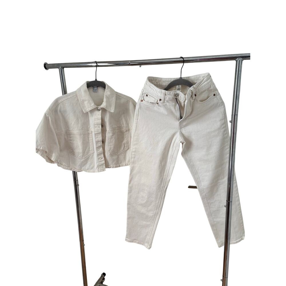 Forever 21 Cropped Denim Shirt + H&M White High Rise Jeans Set Size S/US 2 - Picture 3 of 10